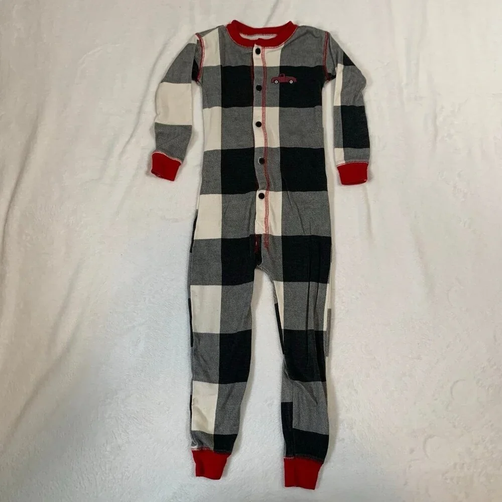 5/$25 Lazy One Kids 4T Buffalo Plaid Tailgate Red Truck Christmas Union Suit Pjs